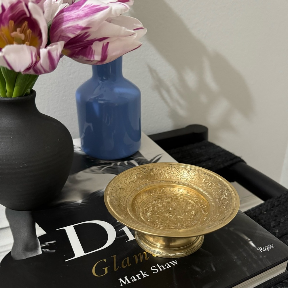 Polished Vintage Etched Indian Brass Pedestal Dish/Bowl